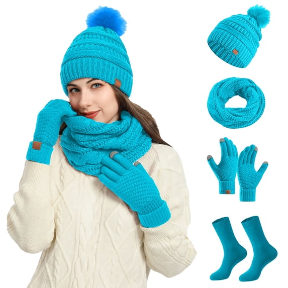 scarf and gloves set for womenWinter Women's Woolen Hat Bib Gloves And Socks 4 Piece Set