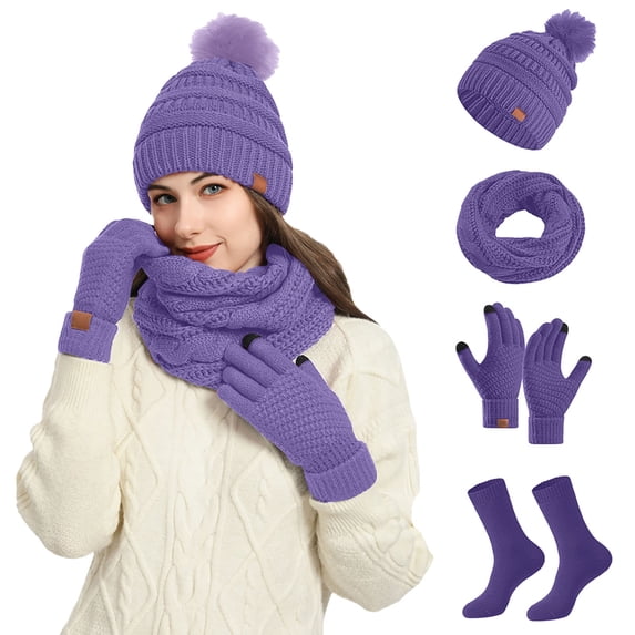 scarf and gloves set for womenWinter Women's Woolen Hat Bib Gloves And Socks 4 Piece Set