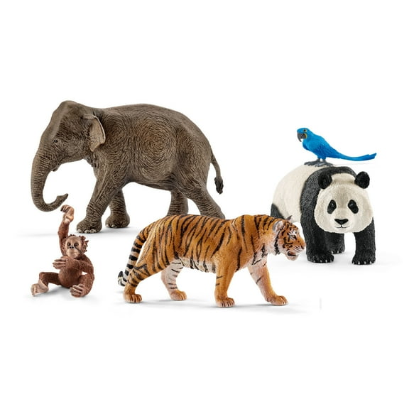 schleich Wild Life 5 PC Jungle Animal Toy Set with Elephant, Panda, Tiger, Parrot and Baby Monkey Figures