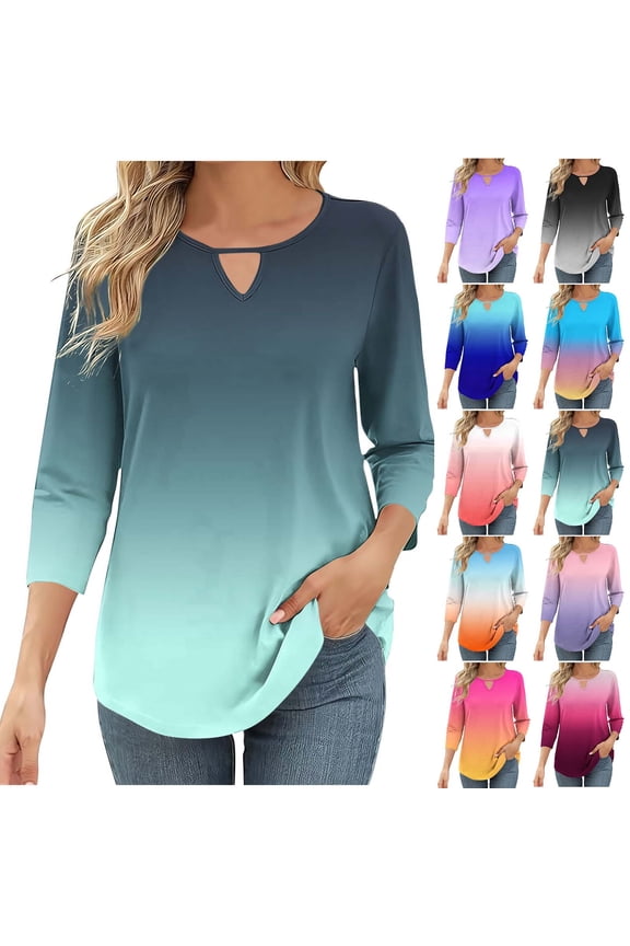 3/4 Length Sleeve Womens Tops Keyhole Crewneck Shirts Gradient Printed Business Dressy Casual Tunic Blouses Summer Basic Tees Red,XXL