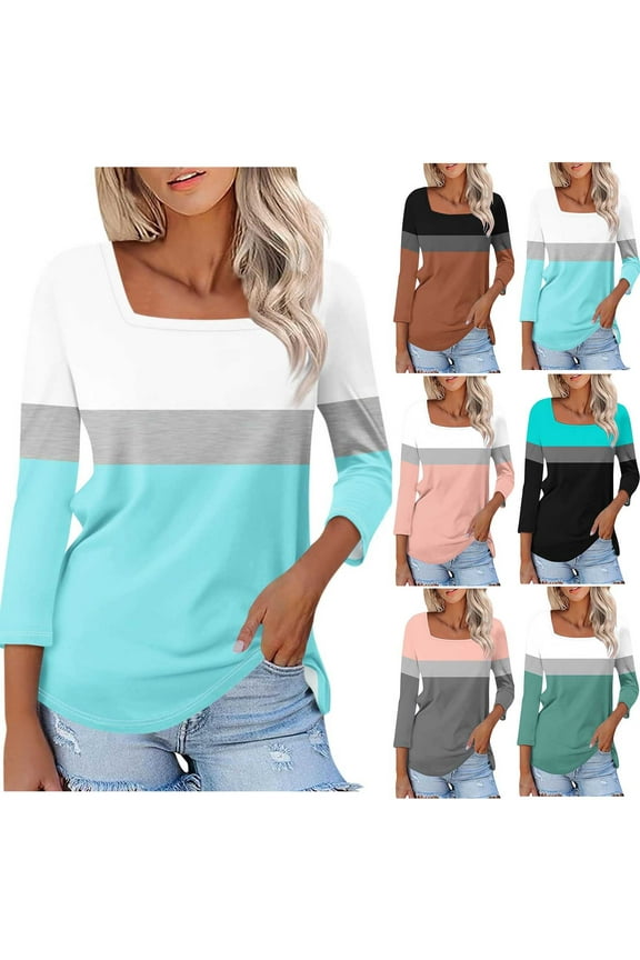 3/4 Length Sleeve Womens Tops,Plus Size Tshirts Shirts Women Summer Color Block Blouse Slim Fit Tunic Top Gray,XXXXL