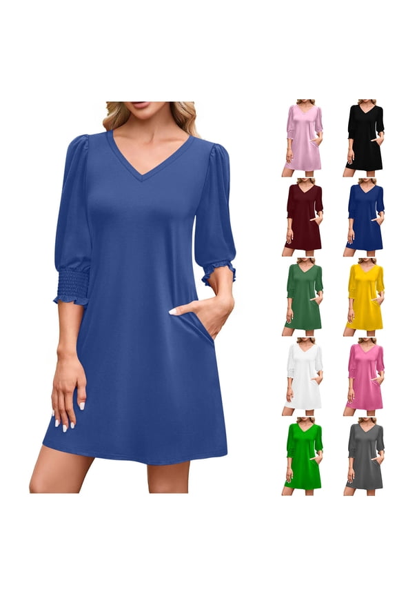 3/4 Sleeve Summer Dresses for Women 2026 Casual Loose Midi Dress V Neck Beach Vacation Dress with Pockets Gray,XL