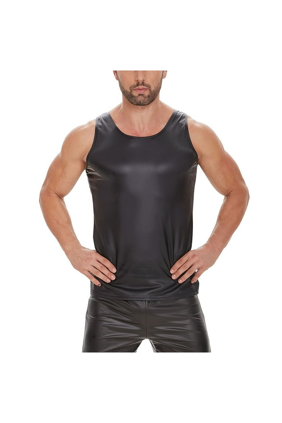Big and Tall Men Leather Tank Top Soft Faux Leather Tank Top Sleeveless Crew Neck Muscle Tops Party Clubwear Black,S