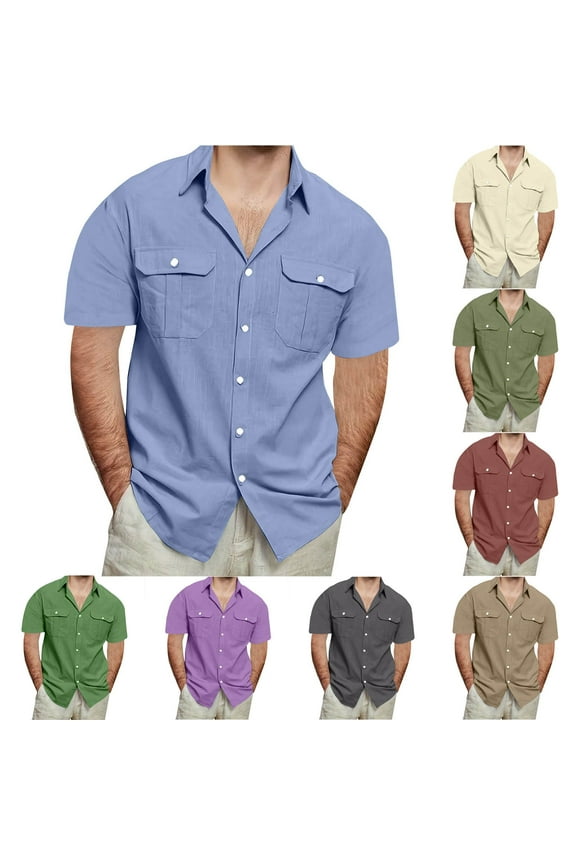 Button Down Linen Shirts for Men Big and Tall Casual Short Sleeve Regular Fit Cotton Beach Shirts with Pocket Green,XXL