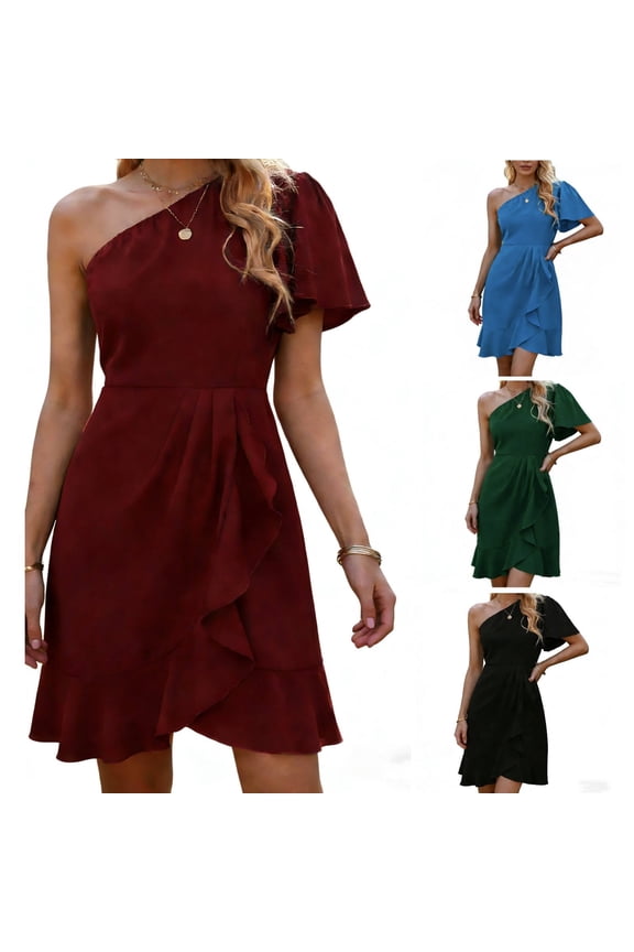 Chiffon Summer Dresses for Women Petite Elegant One Shoulder Cocktail Dress Ruffle Casual A Line Flowy Boho Dress Red,S