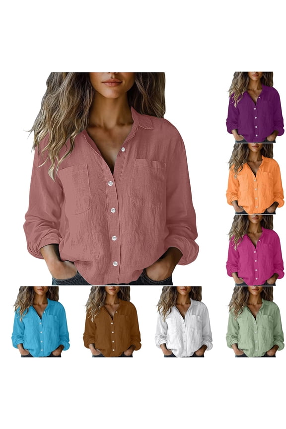 Cotton Linen Button Down Shirts for Women Dressy Casual Collared Blouses Long Sleeve Business Work Tops with Pockets Hot Pink,XL