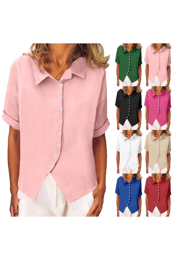 Cotton Linen Button Down Shirts for Women Short Sleeve V Neck Collared Dress Shirt Solid Color Summer Dressy Blouses Work Tops White,L