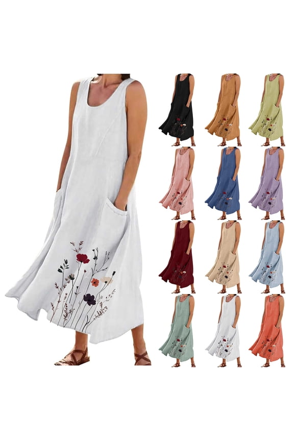 Cotton Linen Summer Dresses for Women 2026 Plus Size Sleeveless Sundress Flowy A Line Printed Maxi Dress with Pockets Watermelon Red,XXL