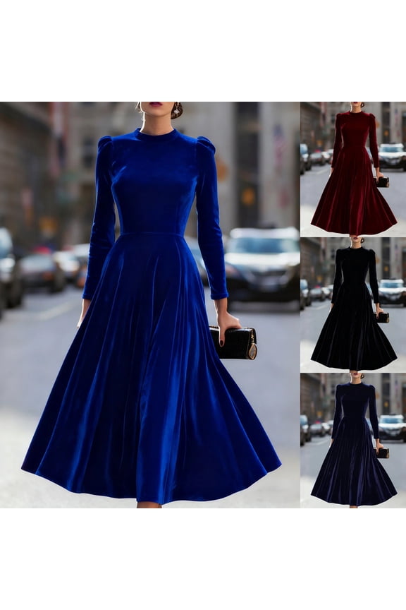 Formal Wedding Guest Dress, Women's Elegant Long Sleeve Velvet Long Dresses Stretchy Evening Cocktail Party Maxi Dress Blue,M