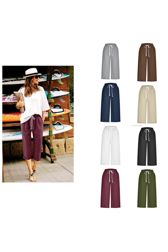 Gauze Capri Pants for Women Solid Color Straight Casual Cropped Pants Drawstring Waist Loose Comfy Workout Capris Gray,S