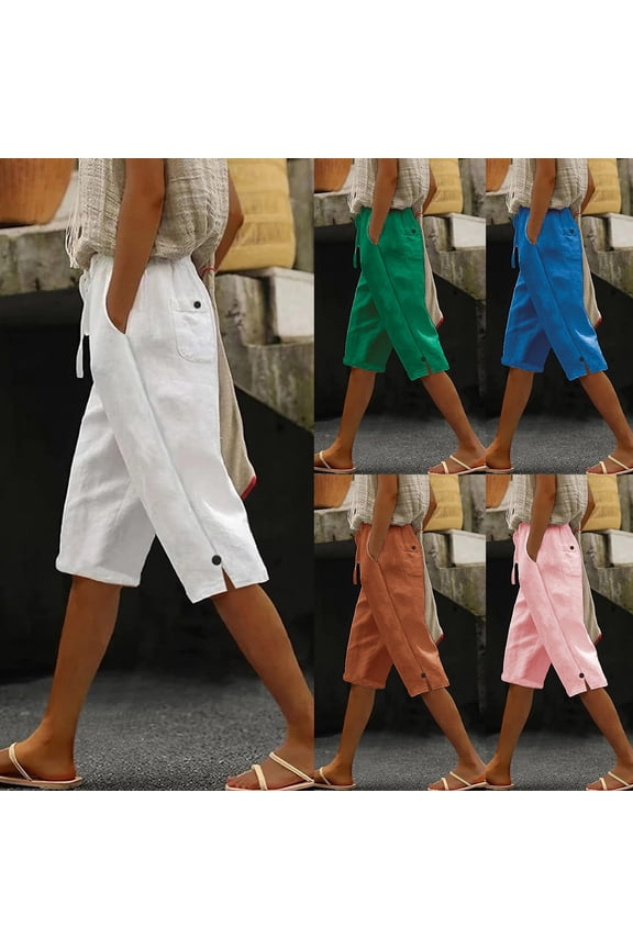 Linen Capri Pants for Women Wide Leg Knee Length Bermuda Shorts Beach Summer Casual Button Cropped Trousers with Pockets Orange,XXL