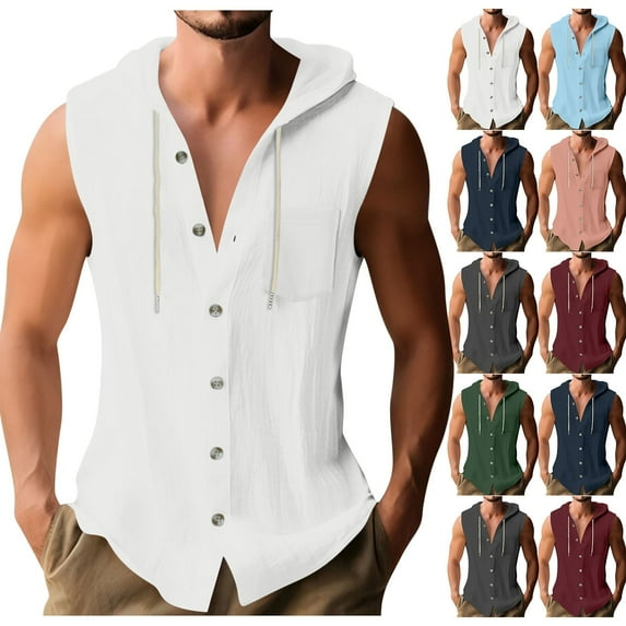 sckarle Men Linen Sleeveless Button Down Shirt with Hood Summer Casual Beach Tank Tops Lightweight Fashion Hoodies with Pockets Dark Gray,M