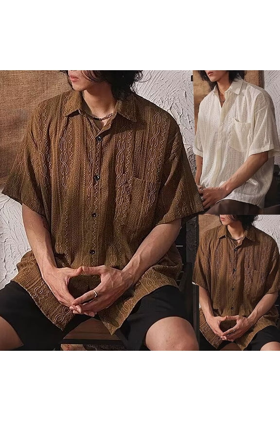 Mens Button Down Short Sleeve Shirt Loose Fit Casual Ethnic Hippie Shirts Summer Beach Textured Shirts with Pocket Coffee,XXXL