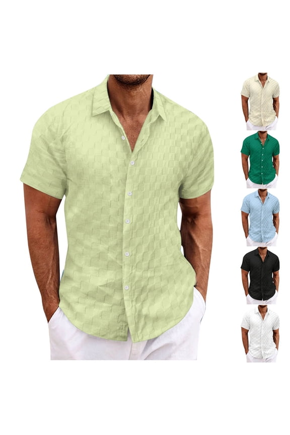 Mens Checkered Button Down Shirts Short Sleeve Casual Dress Shirt Summer Beach Tropical Vacation Shirts Yellow,XL