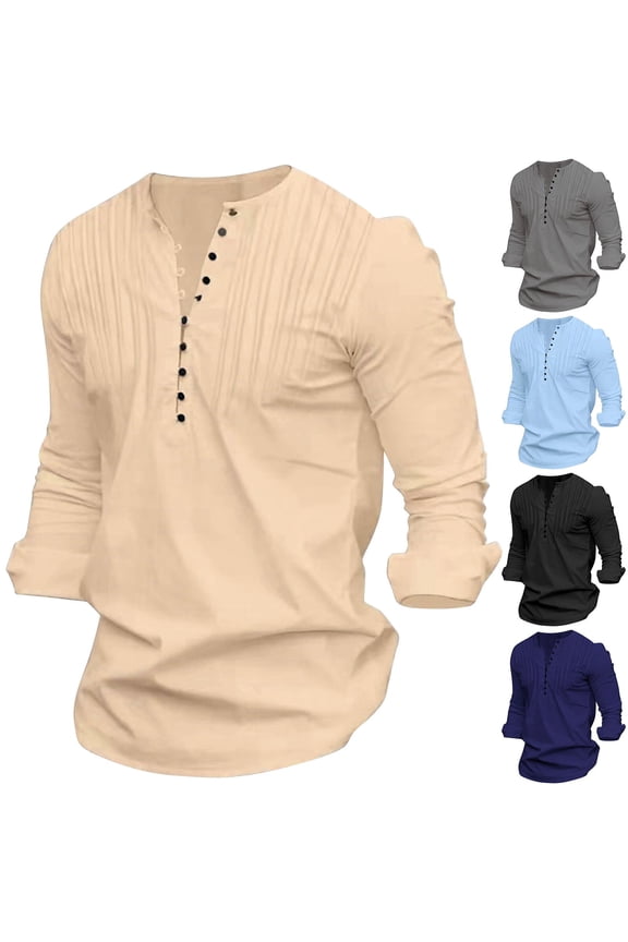 Mens Henley Shirts Striped Long Sleeve V Neck Button Basic Tees Regular Fit Plain Casual Pullover Black,L