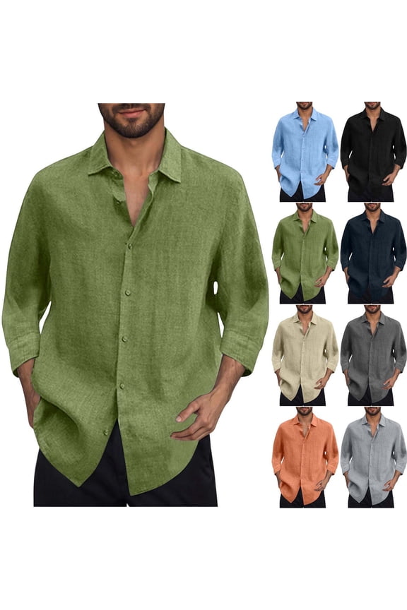 Mens Summer Cotton Linen Shirts 3/4 Sleeve Button Down Dress Shirt Plain Vintage Beach Hawaiian Shirts Navy,M