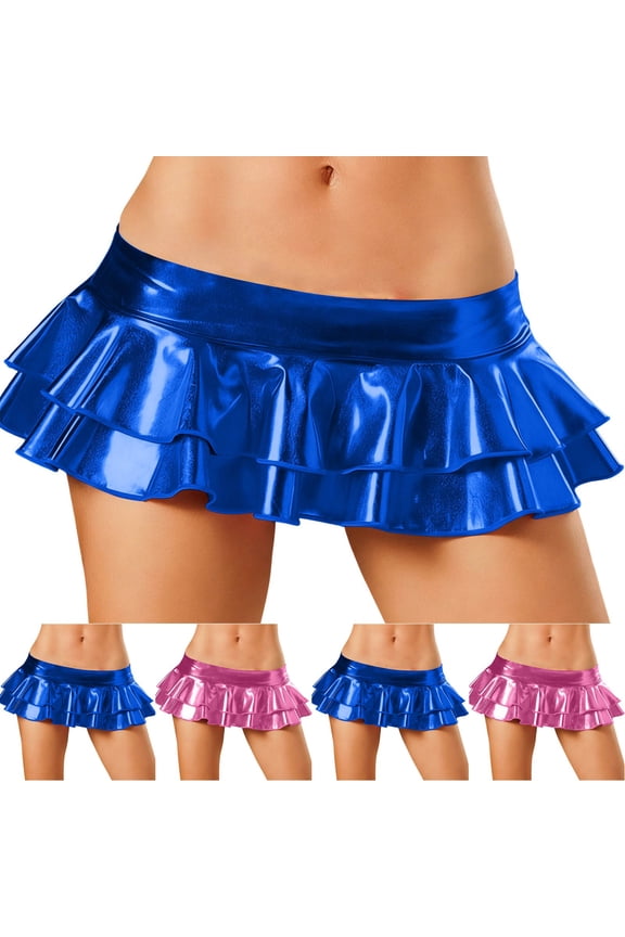 Metallic Skirt for Women Summer Pleated Mini Skater Skirt Double Layered Ruffle Micro Short Skirt Dance Club Low Waist A-Line Skirts Dark Blue,Free Size