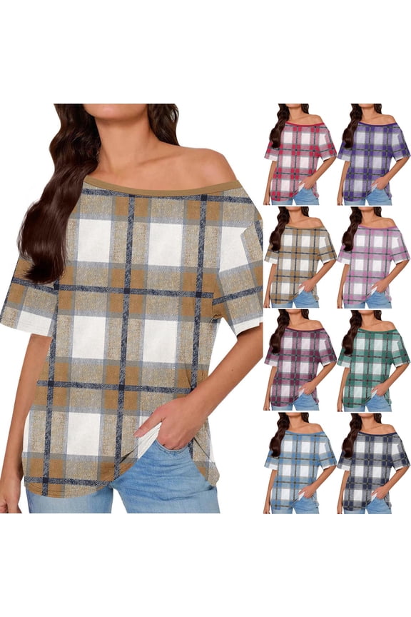 One Shoulder Plaid Color Block Shirts for Women Short Sleeve Loose Fit Summer Tops Round Neck Casual Comfy Dressy Blouse Wine,XXL
