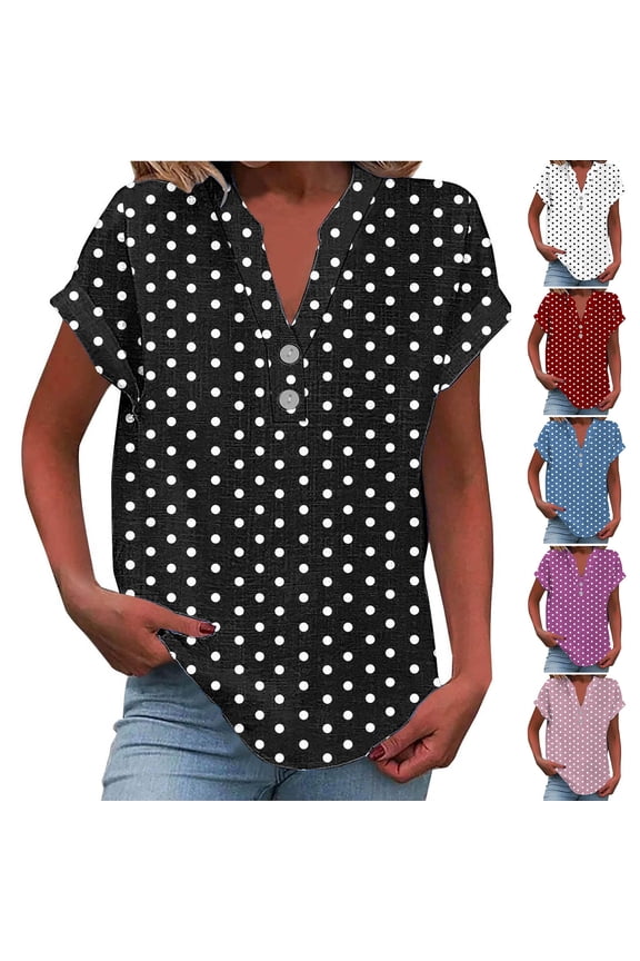 Polka Dot Button Down Shirts for Women V Neck Summer Casual Linen Work Blouses Plus Size Loose Fit Basic Tees Gauze Tops White,S
