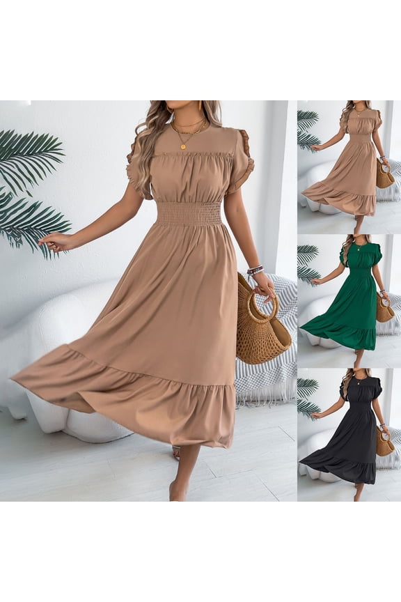 Ruffle Maxi Dress for Women, Short Sleeve Pleated A Line Flowy Dress Smocked Waist Boho Cocktail Party Dress Wedding Guest Dress Khaki,S