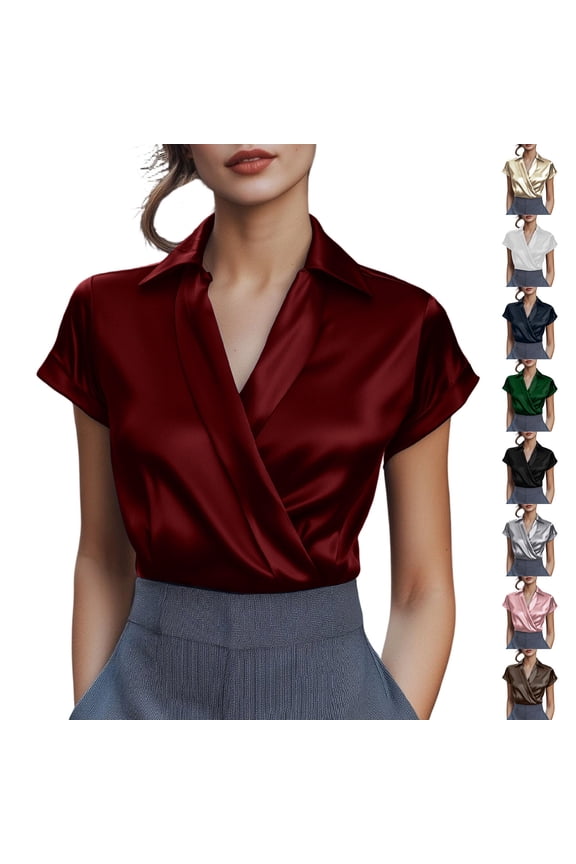Satin Blouses for Women Silk Button Down Shirts Short Sleeve Business Casual Tops Summer Solid Color Lapel Top Green,S