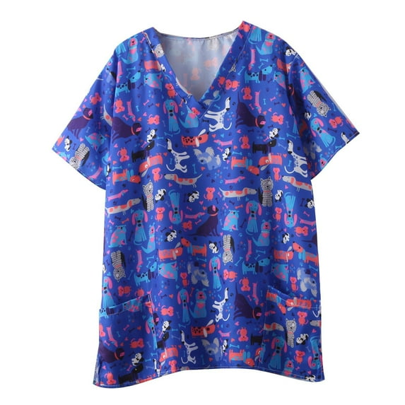 sckarle Scrub Tops for Women Breathable Patterned Short Sleeve V-Neck Nursing Uniforms Working Shirt Scrub Tops for Womens,Plus Size Work Uniform T-Shirt with Pockets