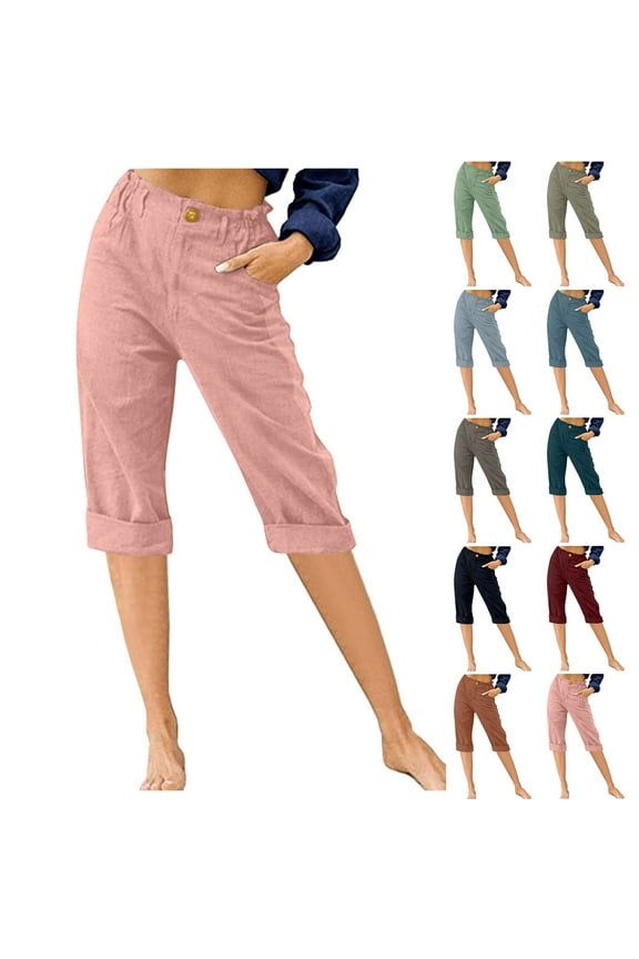 Summer Capri Pants for Women 2026 High Waisted Cotton Gauze Capris Solid Color Loose Comfy Casual Pants with Pockets Gray,S