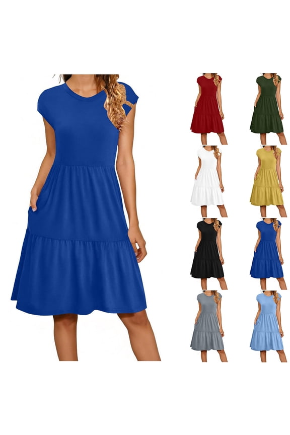 Summer Dresses for Women 2026 Casual Ruffle Cap Sleeve Boho Dress Round Neck Loose Swing Sundresses Beach Vacation Dress White,S