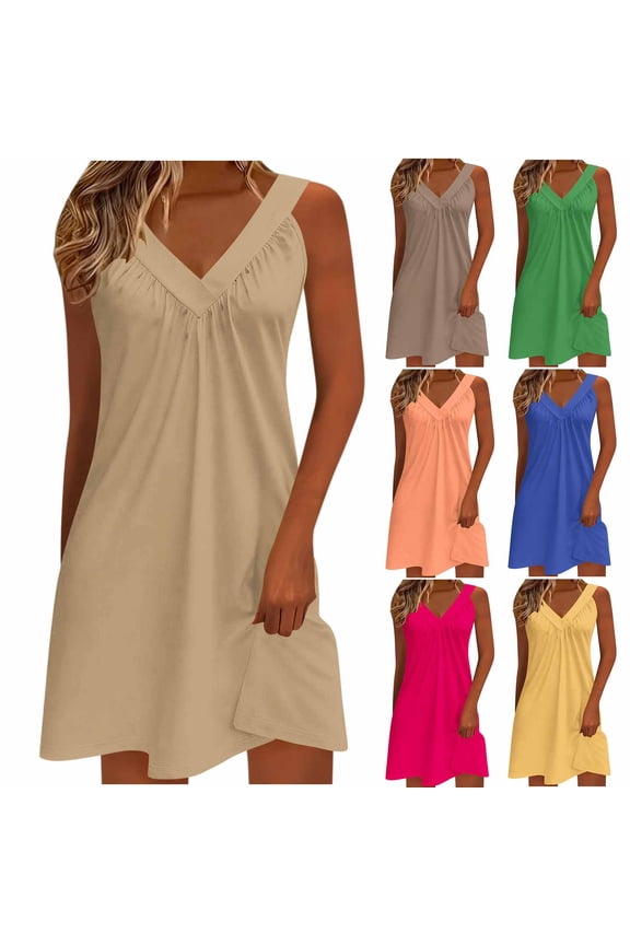 Summer Dresses for Women Beach Cover Up Sleeveless V Neck Sundress Travel Vacation Plain Solid Color Pleated Tank Dress Hot Pink,S