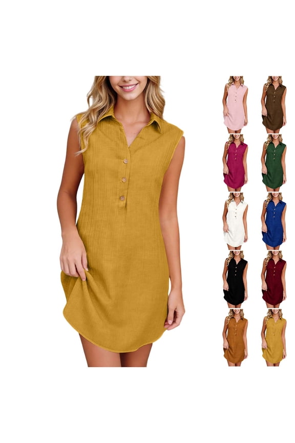 Summer Dresses for Women Collared V Neck Sleeveless Mini Dress Front Buttons A Line Cover Up Beach Vacation Dress White,M