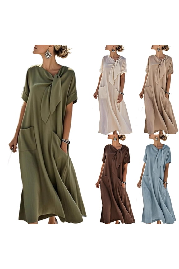 Summer Dresses for Women Short Sleeve Business Casual Work Dress Tie Neck Flowy Elegant Party Dress Long Maxi Dress with Pockets Beige,S