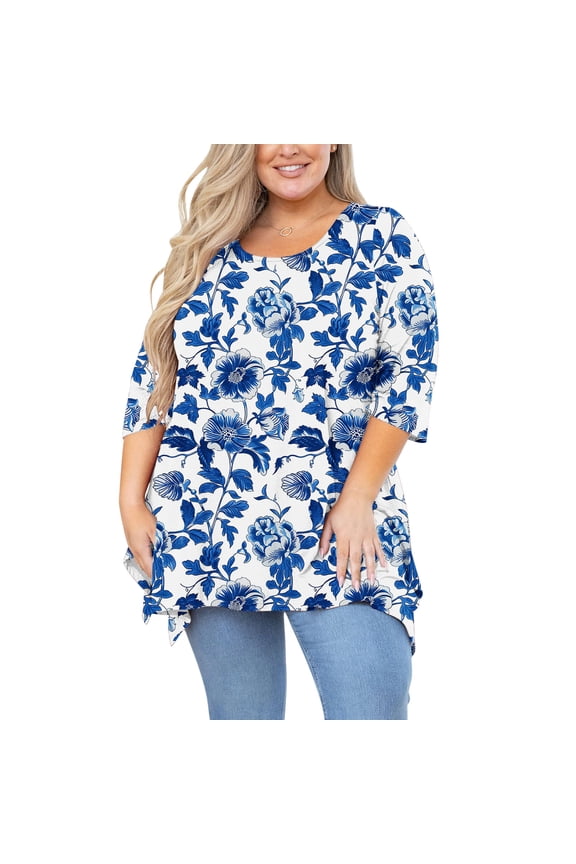 Summer Plus Size Tops for Women Short Sleeve Crew Neck Shirts Cute Floral Print Tunic Top Flowy Going Out Blouses Multicolor,L