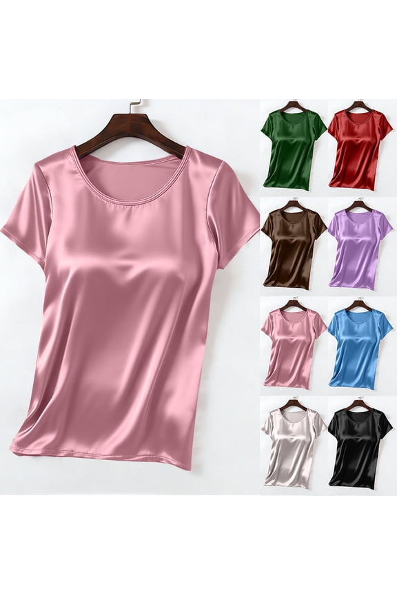 Top for Women with Built in Bra Casual Short Sleeve Satin Tops Soft Crewneck Silk Tshirt Shirt Summer Clothes Purple,L