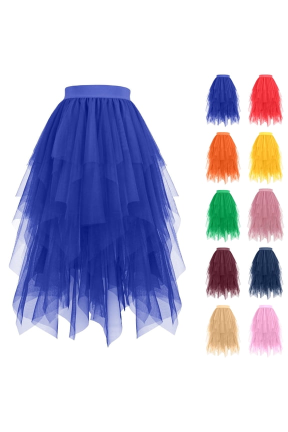 Tulle Skirts for Women Fairy A-Line Fluffy Skirt Mesh Layered Midi Long Tutu Skirt Birthday Halloween Tea Party Tutus Navy,S