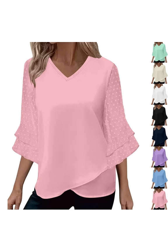 V Neck Blouses for Women Dressy Casual 3/4 Sleeve Tops for Women Swiss Dot Double Layered Chiffon Work Tunic Shirts Beige,M