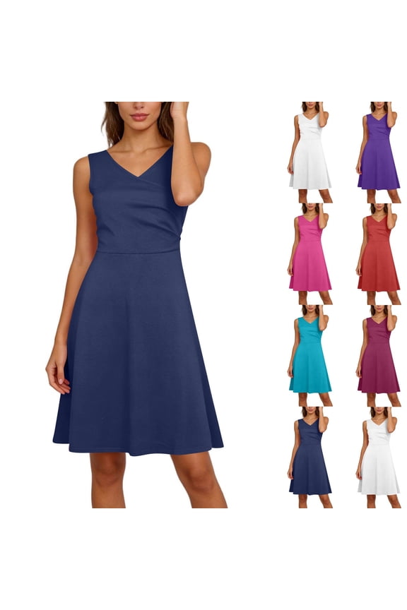 V-Neck Summer Casual Beach Dress for Women 2026 Sleeveless Ruched A Line Vacation Sundress Elegant Mini Cocktail Party Dress White,XXL