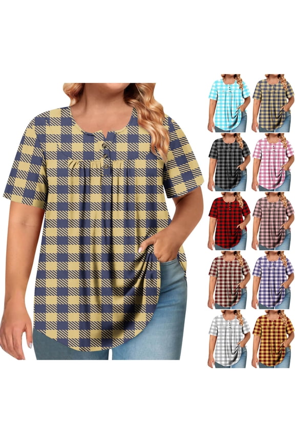 Women Plus Size Tops Crew Neck Button Up T Shirts Plaid Color Block Tunic Shirts Loose Fit Hide Belly Pleated Blouses with Curve Hem Watermelon Red,XXXXXL
