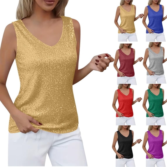 sckarle Women Sequin Tank Tops Spring Summer Sparkly Sleeveless Shirts Party Glitter Scoop Neck Tops Going Out Blue,L