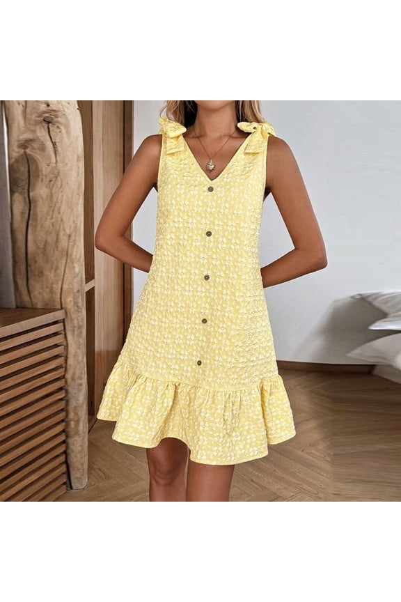 Women Summer Casual Sleeveless Sundress 2026 V Neck Beach Vacation Ruffle Tank Dress Boho Button Mini Dresses Yellow,L