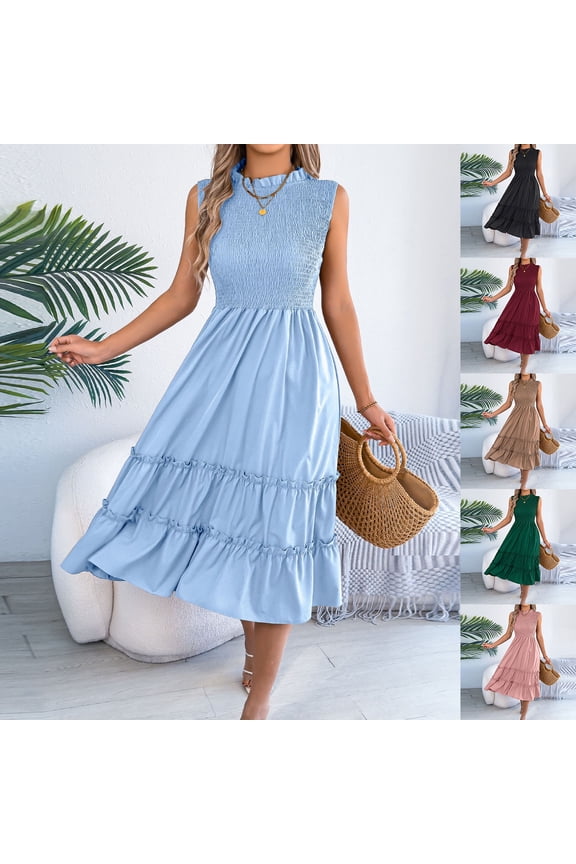 Women's 2026 Casual Loose Plain Maxi Sundress A-Line Flowy Smocked Tank Dress Sleeveless Spring Beach Tiered Long Dresses Black,S