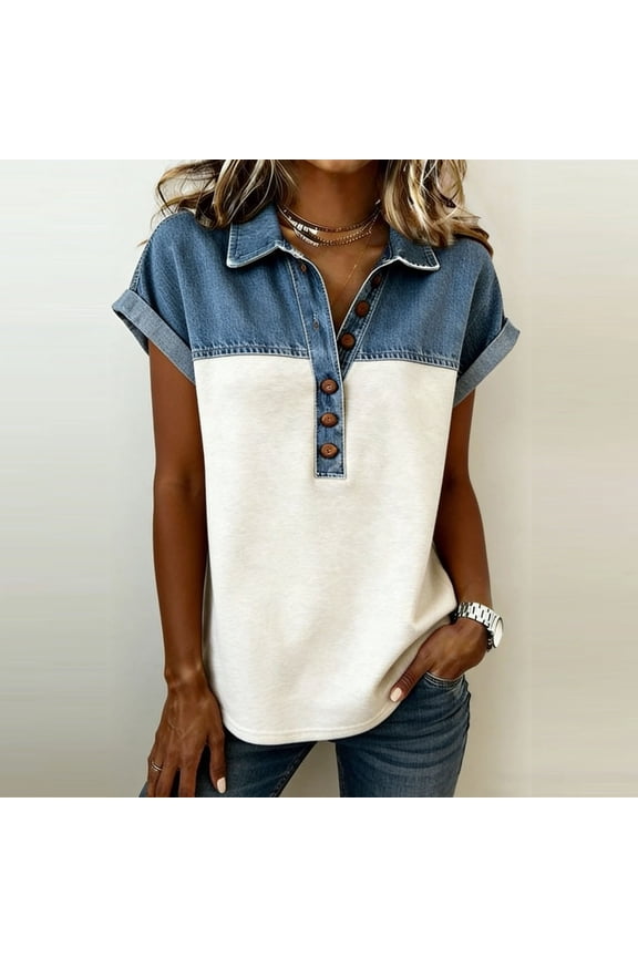Women's Denim Patchwork Tshirt Short Sleeve Collar Buttons Top Casual V Neck Work Shirts Loose Fit Tee Blouses Blue,S