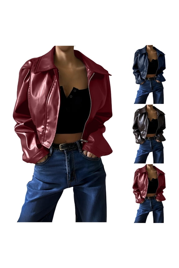 Women's Faux PU Leather Bomber Jacket Crop Zip Up Motorcycle Coat Long Sleeve Drop Shoulder Motor Bike Y2K Streetwear Wine,M