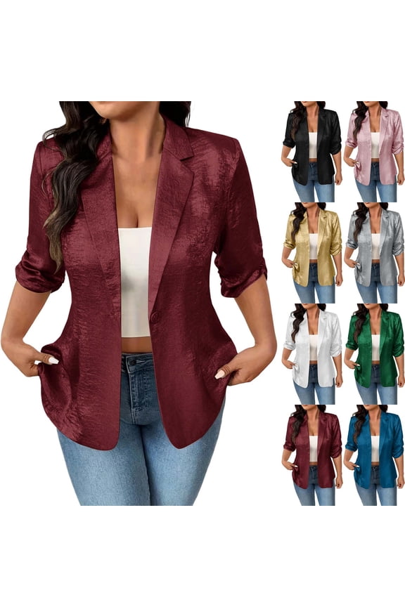 Women's Lightweight Blazer 3/4 Sleeve Jacket Coat Notch Lapel Button Open Front Casual Blazers with Pockets Red,XL