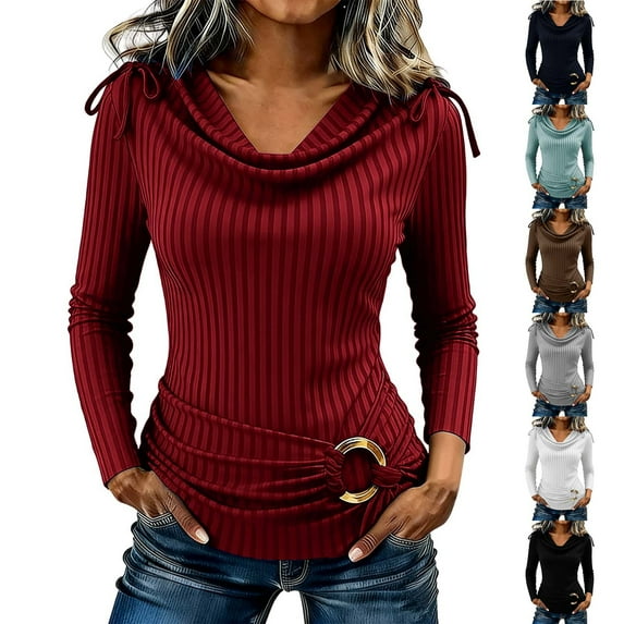 sckarle Women's Long Sleeve Cowl Neck Ribbed Knit Spring Shirts Slim Fit Ruched Going Out Crop Tops Basic T-Shirts Green,XL