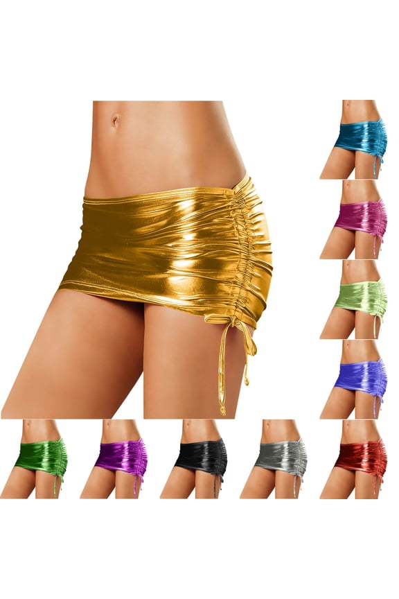 Women's Metallic Mini Skirt Shiny Bodycon Ruched Micro Short Skirt Pleated Disco Dance Clubwear Low Waist A-Line Skirts Red,Free Size