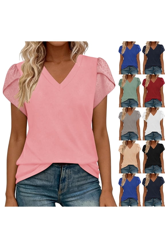 Women's Petal Short Sleeve Tunic Tops Slim Fit V Neck T Shirts Summer Solid Color Blouses Casual Tee Shrits Blue,M