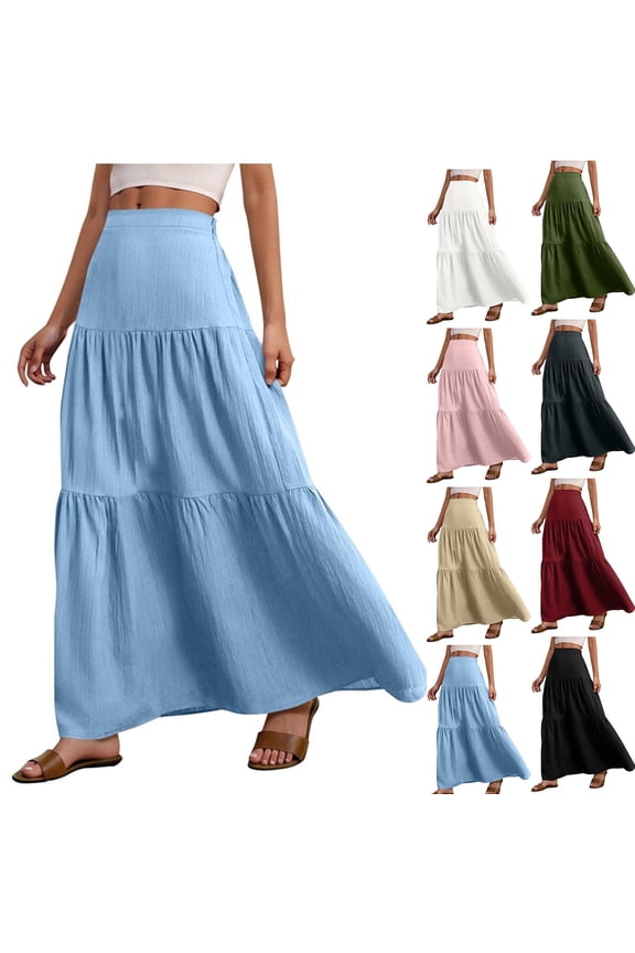 Women's Pleated Skirt A-Line Elastic High Waist Flowy Casual Maxi Skirts Pleated Tiered Vacation Summer Boho Long Skirt Dark Gray,XXL