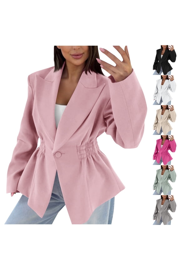 Women's Pleated Waist Blazer Notch Lapel Single Button Peplum Blazers Elegant Open Front Business Casual Dressy Suit Jackets White,S