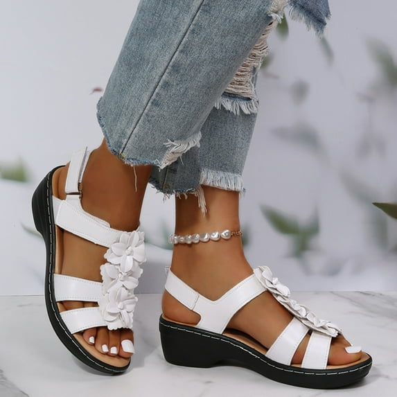 sckarle Women's Sandals Casual Floral Beach Flip Flop Comfy Shoes Summer Elegant Toe Roman Sandals Comfy Dress Sandals Ladies Slippers Casual Roman Wedges Flower Sandals