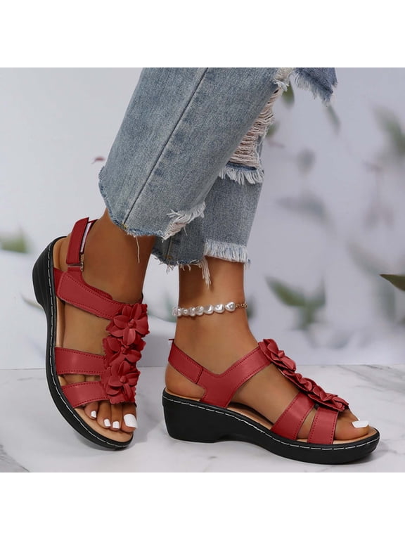 Women's Sandals Casual Floral Beach Flip Flop Comfy Shoes Summer Elegant Toe Roman Sandals Comfy Dress Sandals Ladies Slippers Casual Roman Wedges Flower Sandals